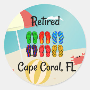 Retired, Cape Coral, FL, beach design, Classic Round Sticker