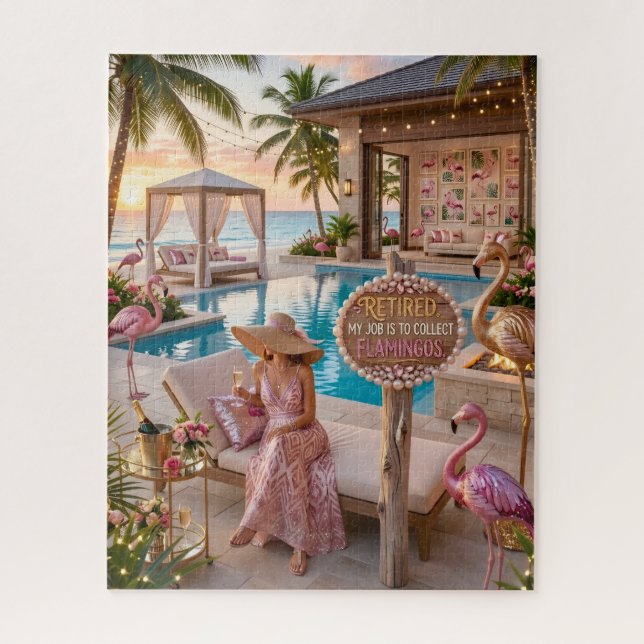 Retired Chic Lady Flamingo Themed Tropical Beach Jigsaw Puzzle (Vertical)