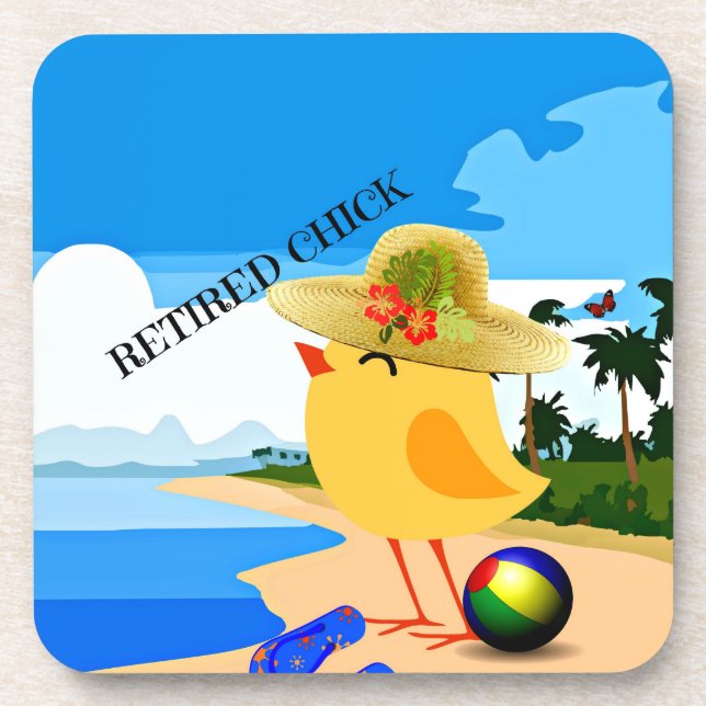 Retired Chick at the Beach Beverage Coaster (Front)