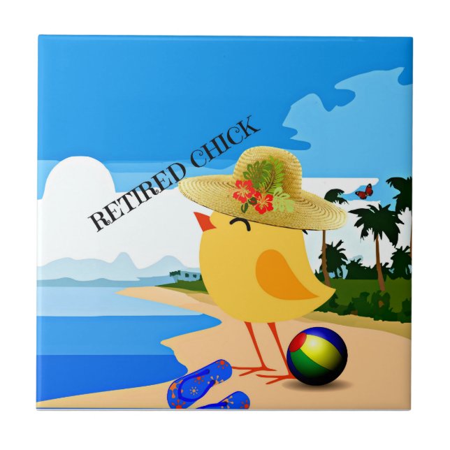 Retired Chick...at the beach,  Ceramic Tile (Front)