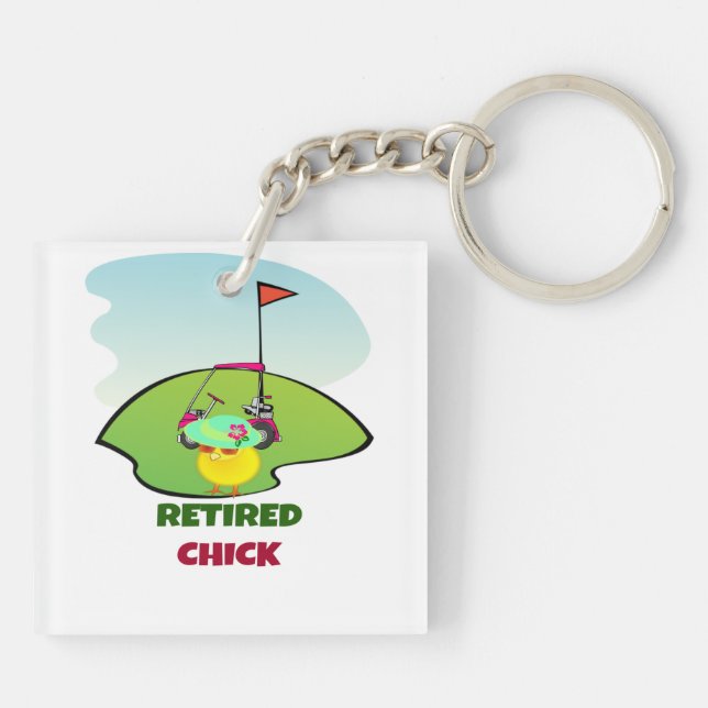 Retired Chick at the Golf Course Keychain (Back)