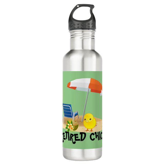Retired Chick--Beach Scene, Stainless Steel Water Bottle (Front)