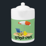 Retired Chick--Beach Scene, Teapot<br><div class="desc">Retired Chick--Beach Scene. Beach umbrella, chair, and tropical drink--popular design.</div>