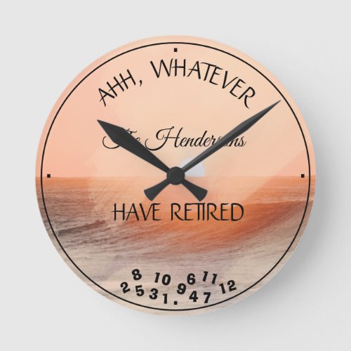 Retired Couples Name Watercolor Sunset Humor Round Clock