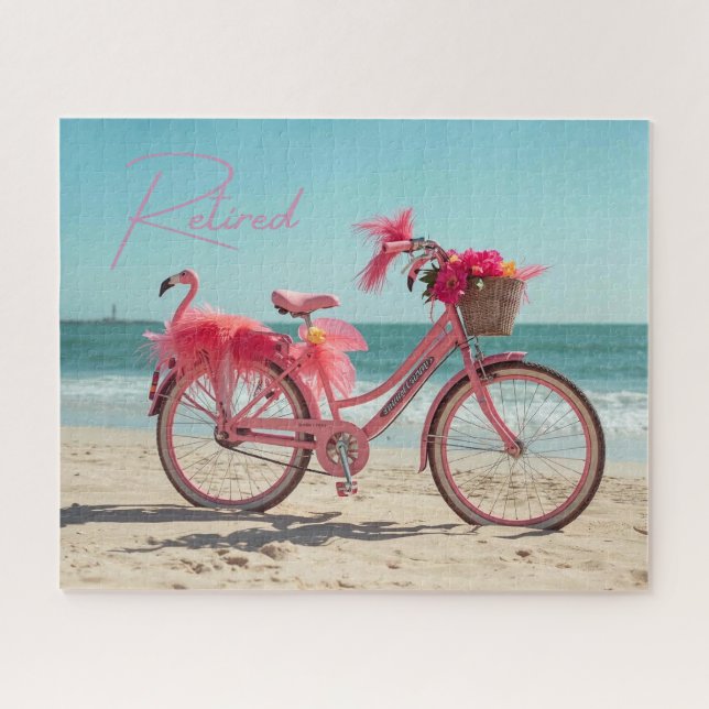 Retired Cute Pink Flamingo Bicycle on Beach Jigsaw Puzzle (Horizontal)