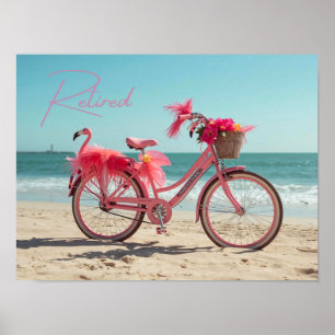 Retired Cute Pink Flamingo Bicycle on Beach Poster
