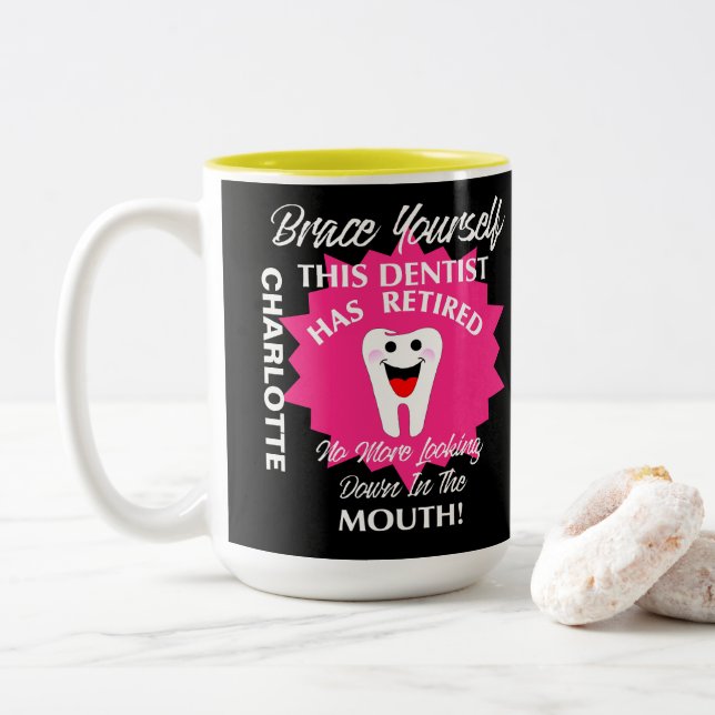 Retired Dentist Funny Novelty Retirement Graphic Two-Tone Coffee Mug (With Donut)