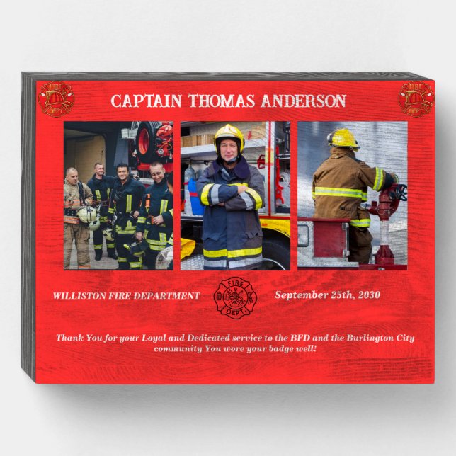 Retired Firefighter Gift Personalized 3 Photo  Wooden Box Sign (Front Horizontal)