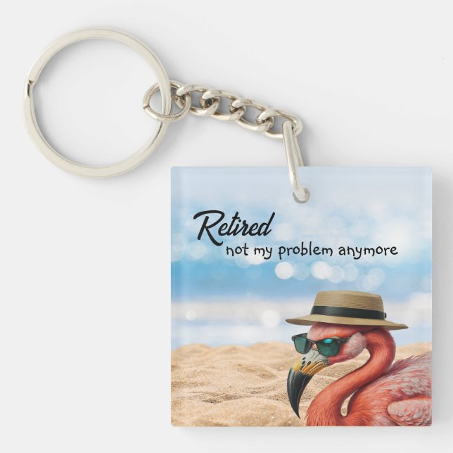 Retired Flamingo on Beach with Hat & Sunglasses Keychain (Front)