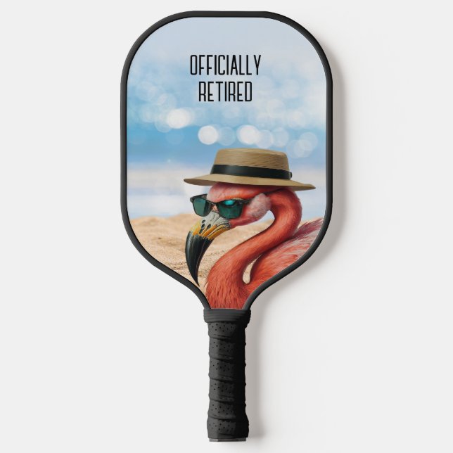 Retired Flamingo on Beach with Hat & Sunglasses Pickleball Paddle (Front)