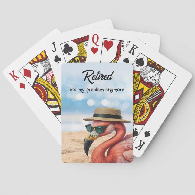 Retired Flamingo on Beach with Hat & Sunglasses Poker Cards (Back)