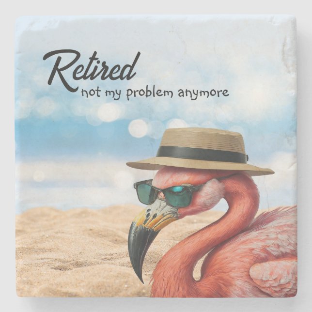 Retired Flamingo on Beach with Hat & Sunglasses Stone Coaster (Front)