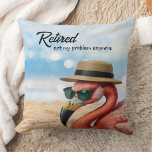 Retired Flamingo on Beach with Hat & Sunglasses Throw Pillow