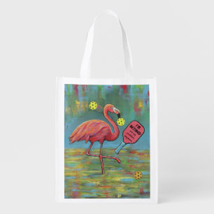 Retired Flamingo Playing Pickleball Watercolor Grocery Bag