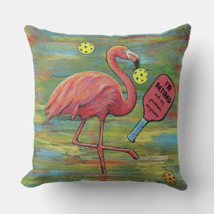 Retired Flamingo Playing Pickleball Watercolor Throw Pillow