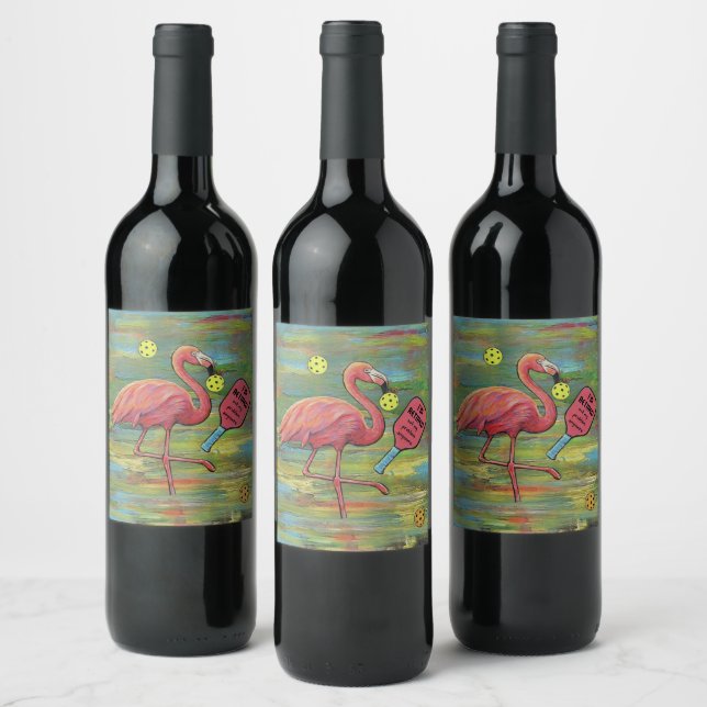 Retired Flamingo Playing Pickleball Watercolor Wine Label (Bottles)