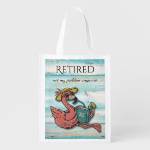 Retired Flamingo Reading Book With Tropical Drink Grocery Bag