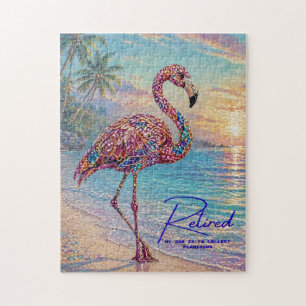 Retired Glam Jewel Tone Flamingo on Tropical Beach Jigsaw Puzzle