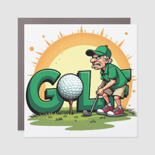 Retired Golfer Cartoon Art with Large Golf Ball Car Magnet
