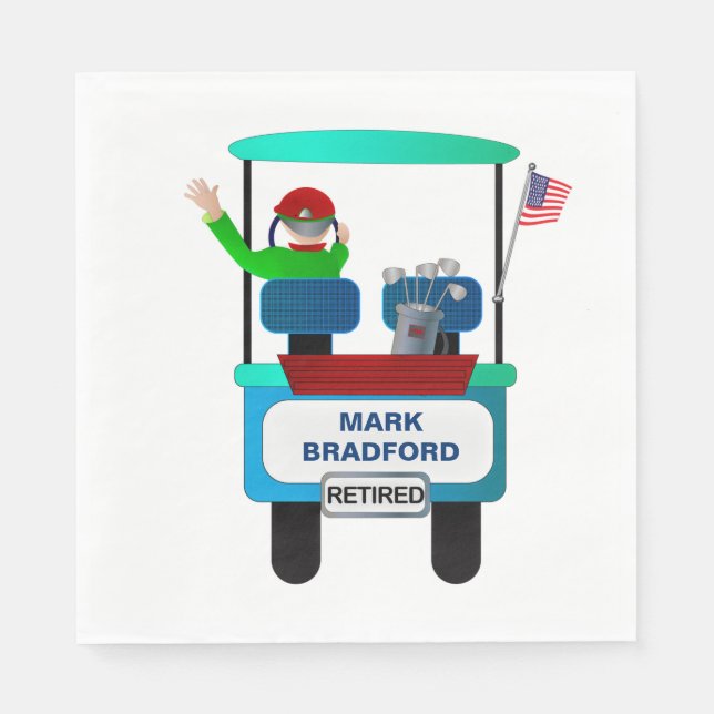 Retired Golfer Riding in Golf Cart Waving Goodbye Napkins (Front)