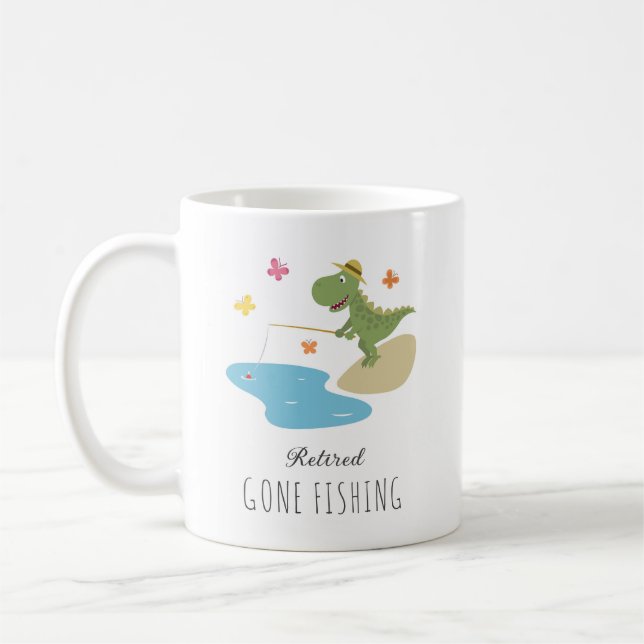 Retired Gone Fishing Cute Dinosaur Cartoon Coffee Mug (Left)