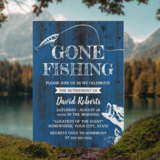 Retired Gone Fishing Navy Wood Outdoors Retirement Invitation