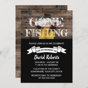 Retired Gone Fishing Rustic Barn Wood Retirement Invitation