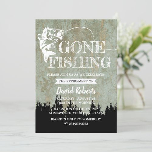 Retired Gone Fishing Rustic Forest Retirement Invitation