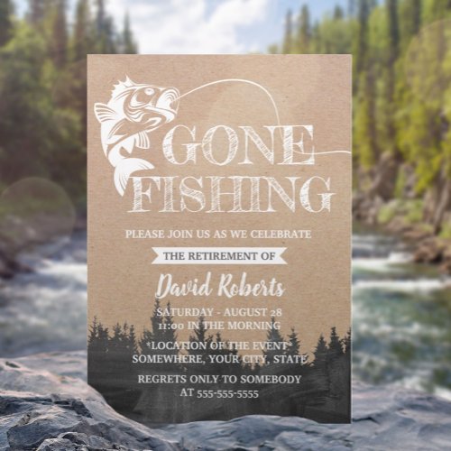 Retired Gone Fishing Rustic Kraft Retirement Invitation