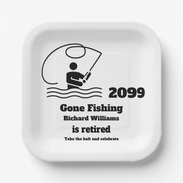 Retired Gone Fishing Standing Fisherman Retirement Paper Plates (Front)