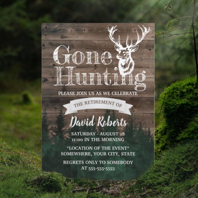 Retired Gone Hunting Rustic Wood Retirement Invitation (Creator Uploaded)