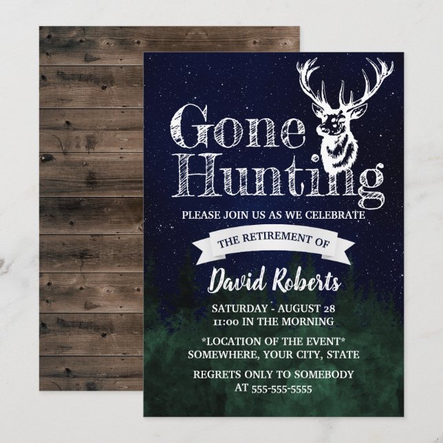 Retired Gone Hunting Starry Night Retirement Invitation (Front/Back)