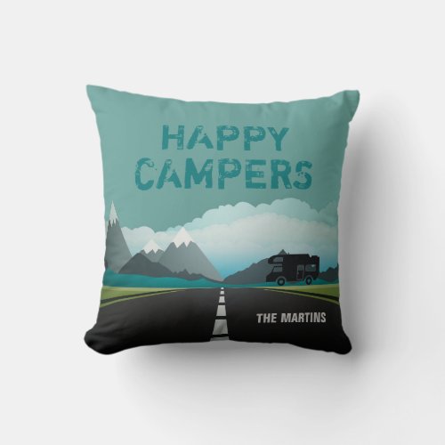 Retired Happy Campers RV  Personalized Teal Throw Pillow