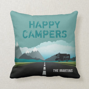 Retired Happy Campers RV Personalized Teal Throw Pillow