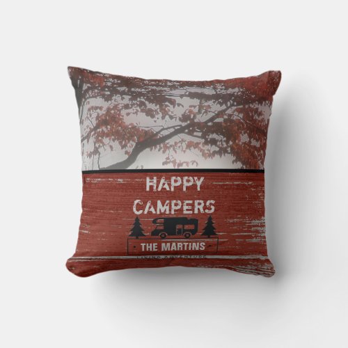 Retired Happy Campers RV  Rustic Red Barn Wood Throw Pillow