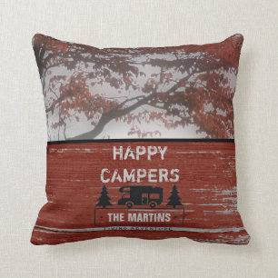 Retired Happy Campers RV Rustic Red Barn Wood Throw Pillow