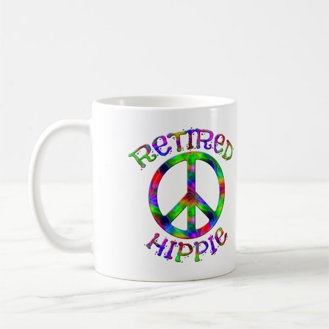 Retired Hippie Peace Sign Tie Dyed Coffee Mug (Left)