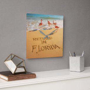 Retired in Florida Flamingos on Tropical Beach Square Wall Clock