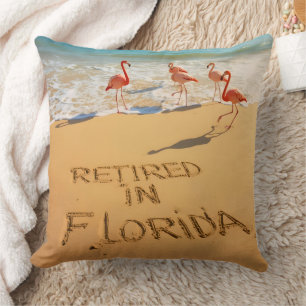 Retired in Florida Flamingos on Tropical Beach Throw Pillow