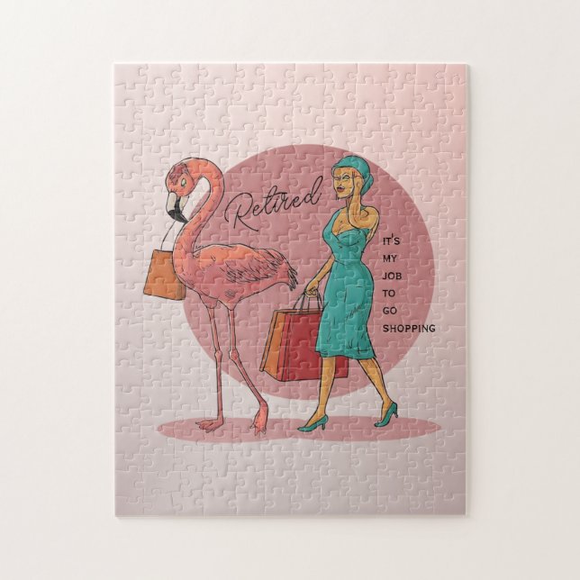 Retired It's My Job To Go Shopping Pink Flamingo Jigsaw Puzzle (Vertical)
