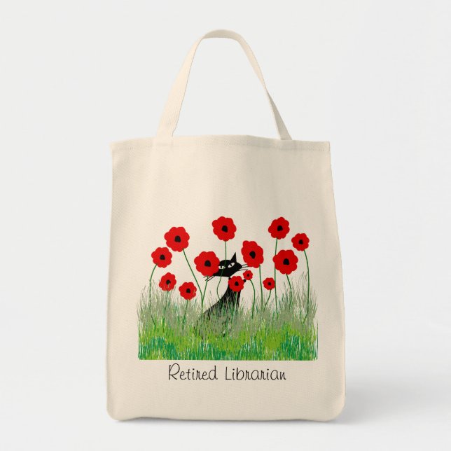Retired Librarian Poppies and Cat Tote Bag (Front)