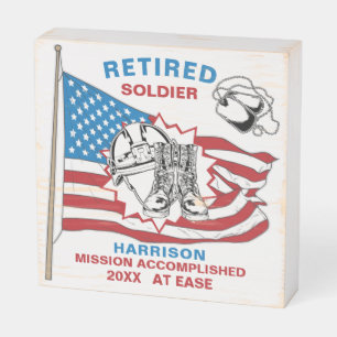 Retired Military US Flag Funny Saying At Ease Wooden Box Sign