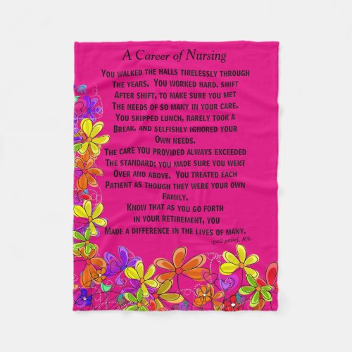 Retired Nurse Poem Fleece Blanket Pink