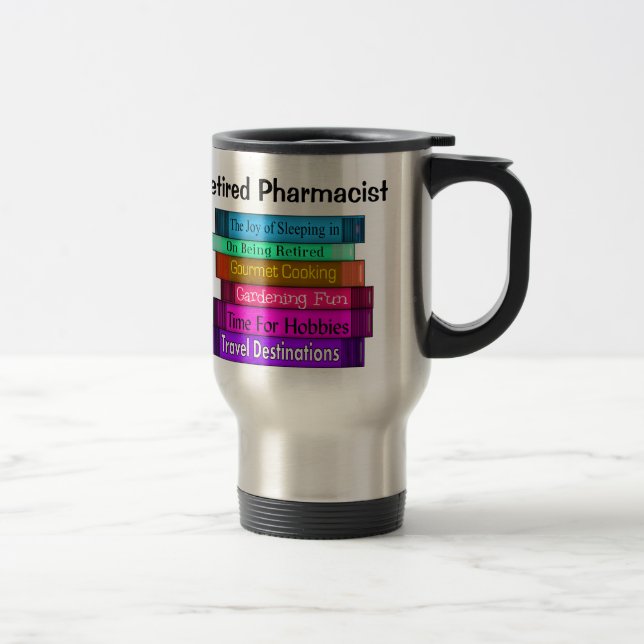 Retired Pharmacist Gifts Stack of Books Design 8 Travel Mug (Right)