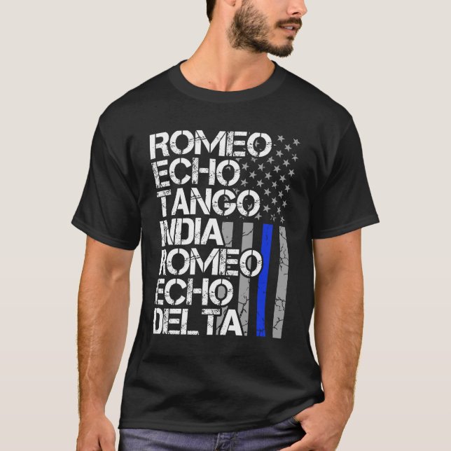 Retired Police Phonetic Code Blue Line T-Shirt (Front)
