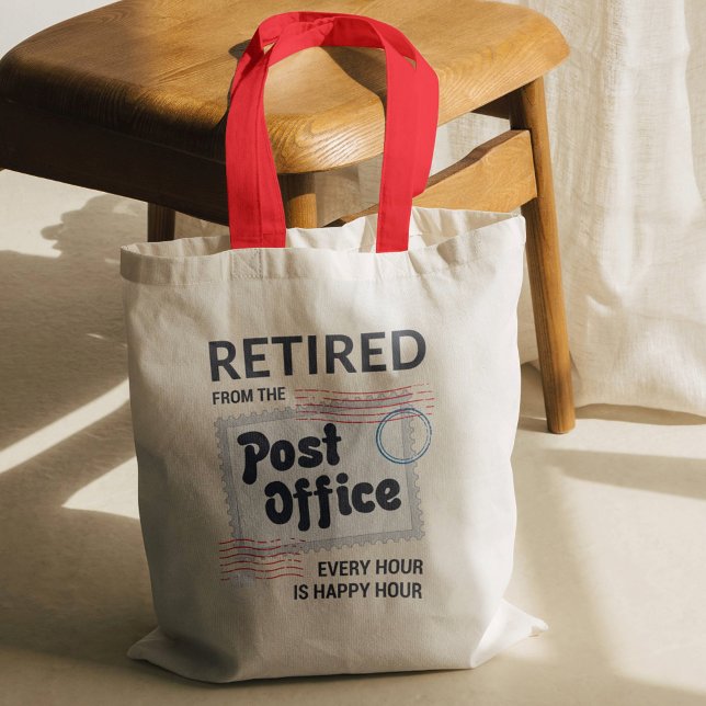 Retired Postal Worker Retirement Mailman Funny Tote Bag (Happy Hour Retired Postal Worker Red Handles Tote Bag)