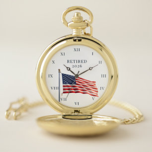 Retired Retirement USA Flag Elegant Black Pocket Watch