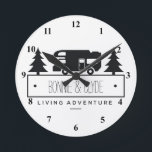 Retired RV | Camping Campers Personalized Names Round Clock<br><div class="desc">Personalized camping wall clock- Rustic black and white camping design features a classic vintage motorhome silhouette and pine trees. Black clock face numerals. Add customized couple names below in whimsical letters. Option to customize text, such as favorite saying, family last name, etc. Unique personalized retirement gift for retirees. Or nice...</div>