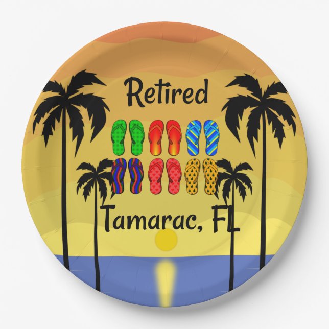 Retired...Tamarac, FL, tropical design, Paper Plates (Front)