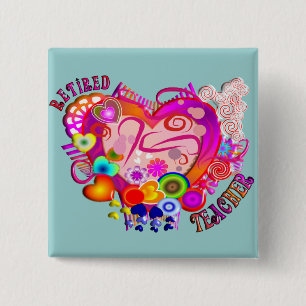 Retired Teacher Artsy Retro Heart Pinback Button